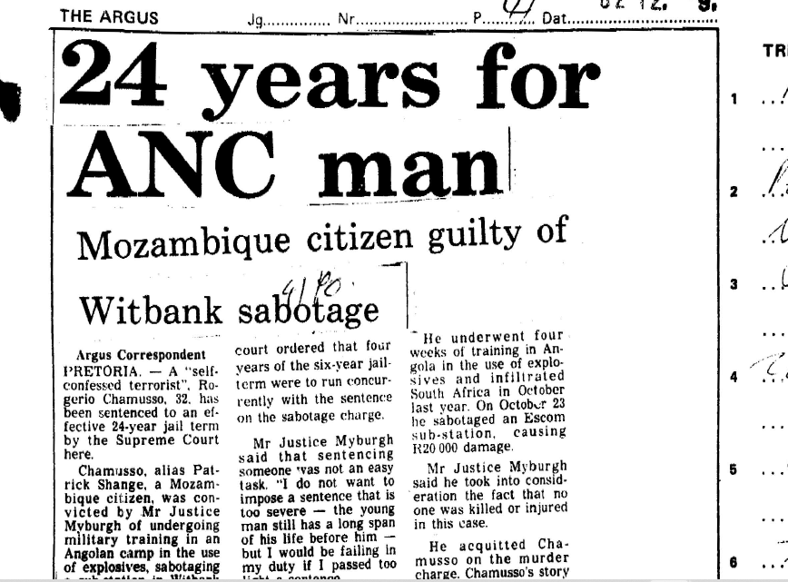 24 years for ANC man, Mozambique citizen guilty of Witbank sabotage, The Argus, 9 December 1982